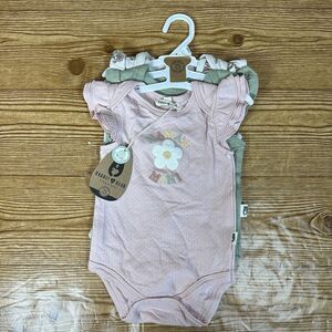RABBIT+BEAR  Organic Cotton 6-9M Green Floral Pink One Piece Body Suit